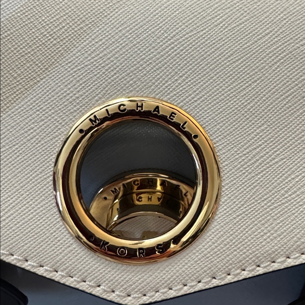 Michael Kors Carmen medium color-block faux saffiano leather belted satchel. - Picture 9 of 16